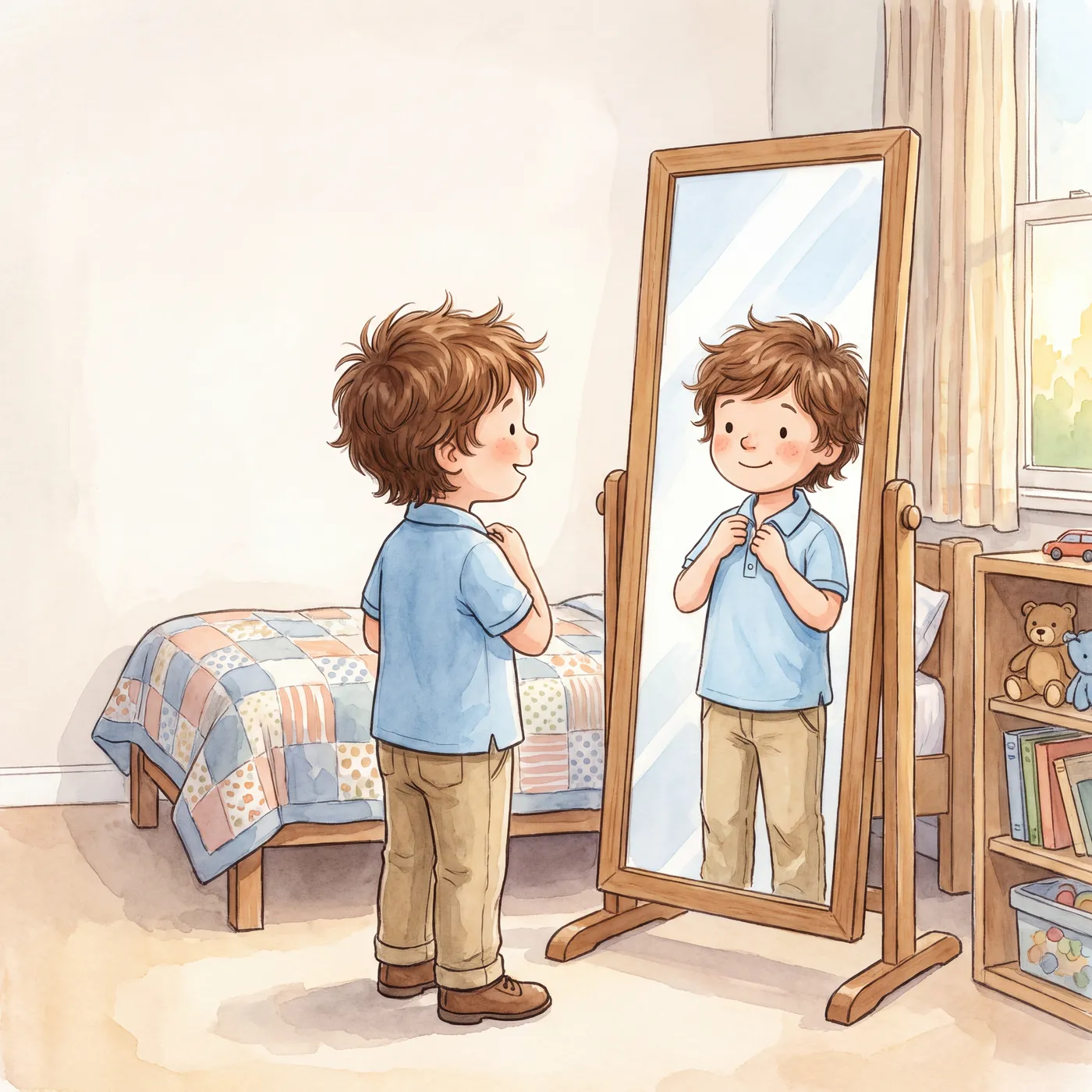 The boy stands at a tall mirror in a blue shirt and khaki trousers, doing up his collar.