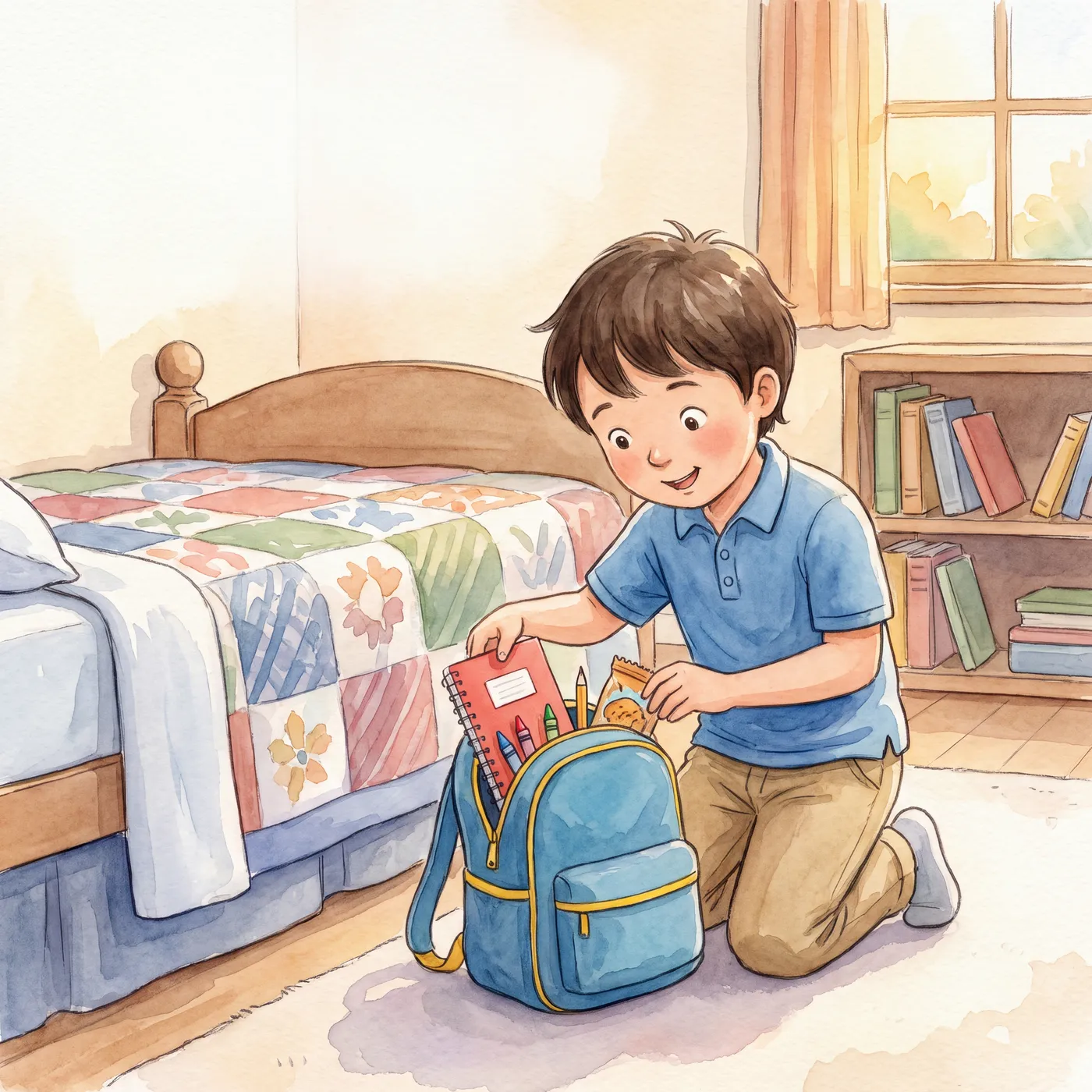 The boy kneels by his bed, packing a notebook and crayons into a blue backpack.