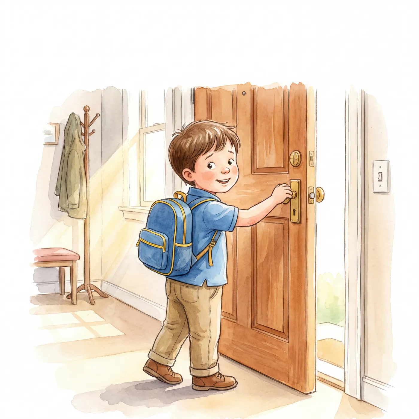 The boy, wearing his blue backpack, opens the front door of his home to leave for school.