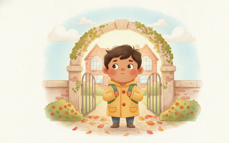 Ravi illustrated for “First Day at School” — at the school gate with a small backpack on a bright morning.