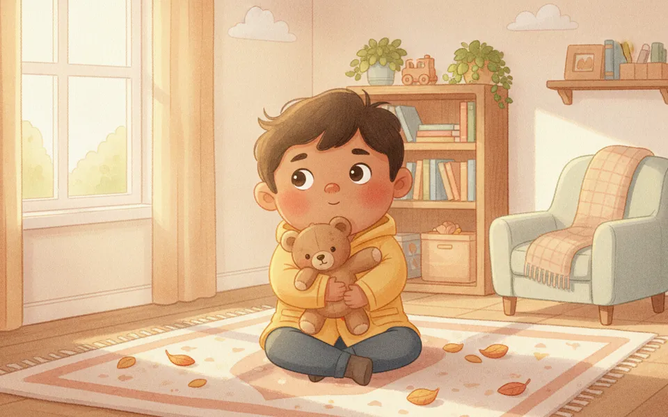 Ravi illustrated for “The Lost Toy” — hugging a favourite teddy bear in a sunlit bedroom.