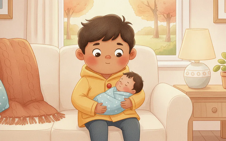 Ravi illustrated for “A New Little One” — gently meeting a new baby together on a soft sofa at home.