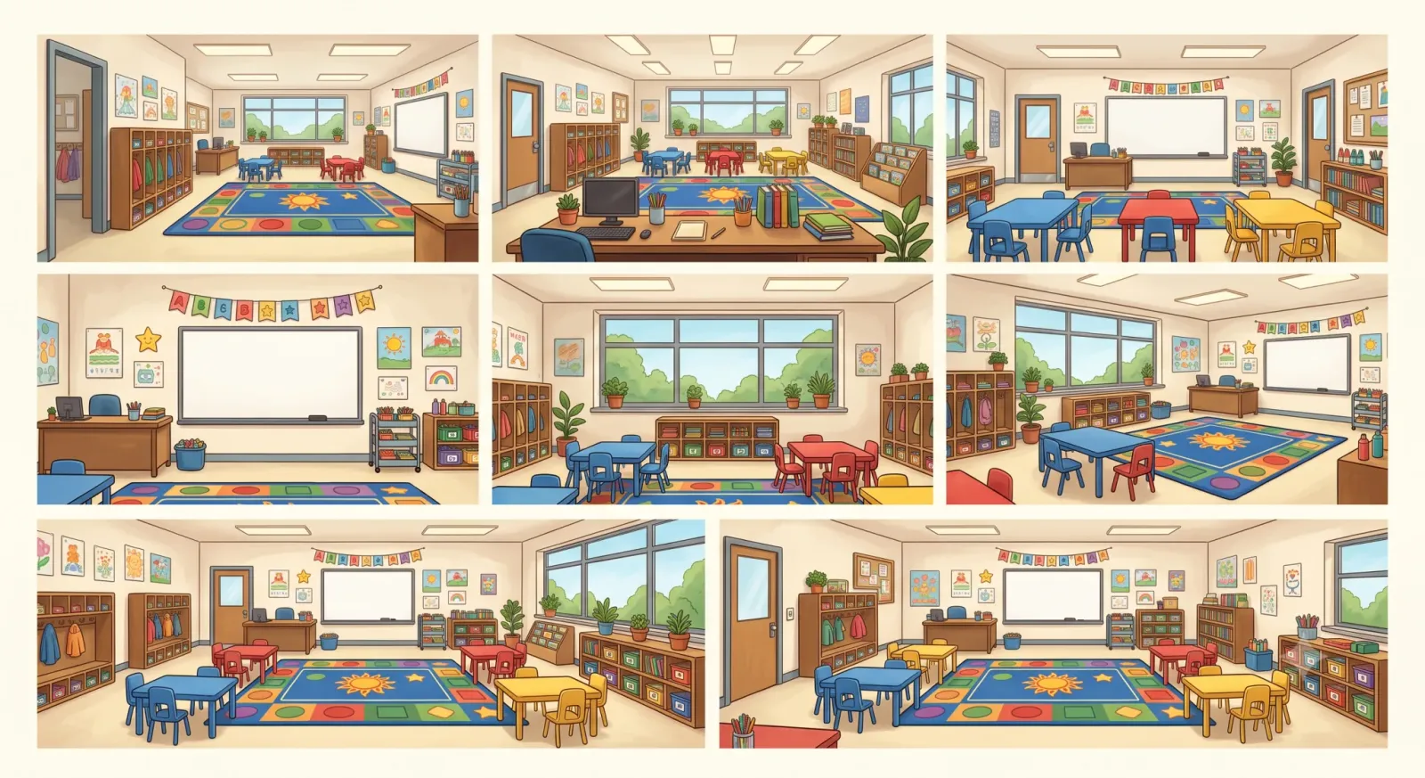 Environment reference sheet for a bright primary-school classroom with a colourful alphabet rug, wooden cubbies, low tables with red, blue and yellow chairs, a whiteboard and windows onto greenery, drawn from eight different angles.