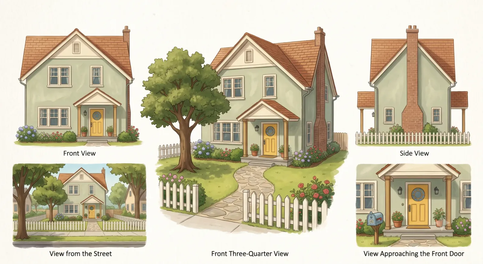 Environment reference sheet for a family home, a sage-green two-storey cottage with a tiled roof, brick chimney, yellow front door and white picket fence, shown from the front, three-quarter, side, from the street and approaching the front door.