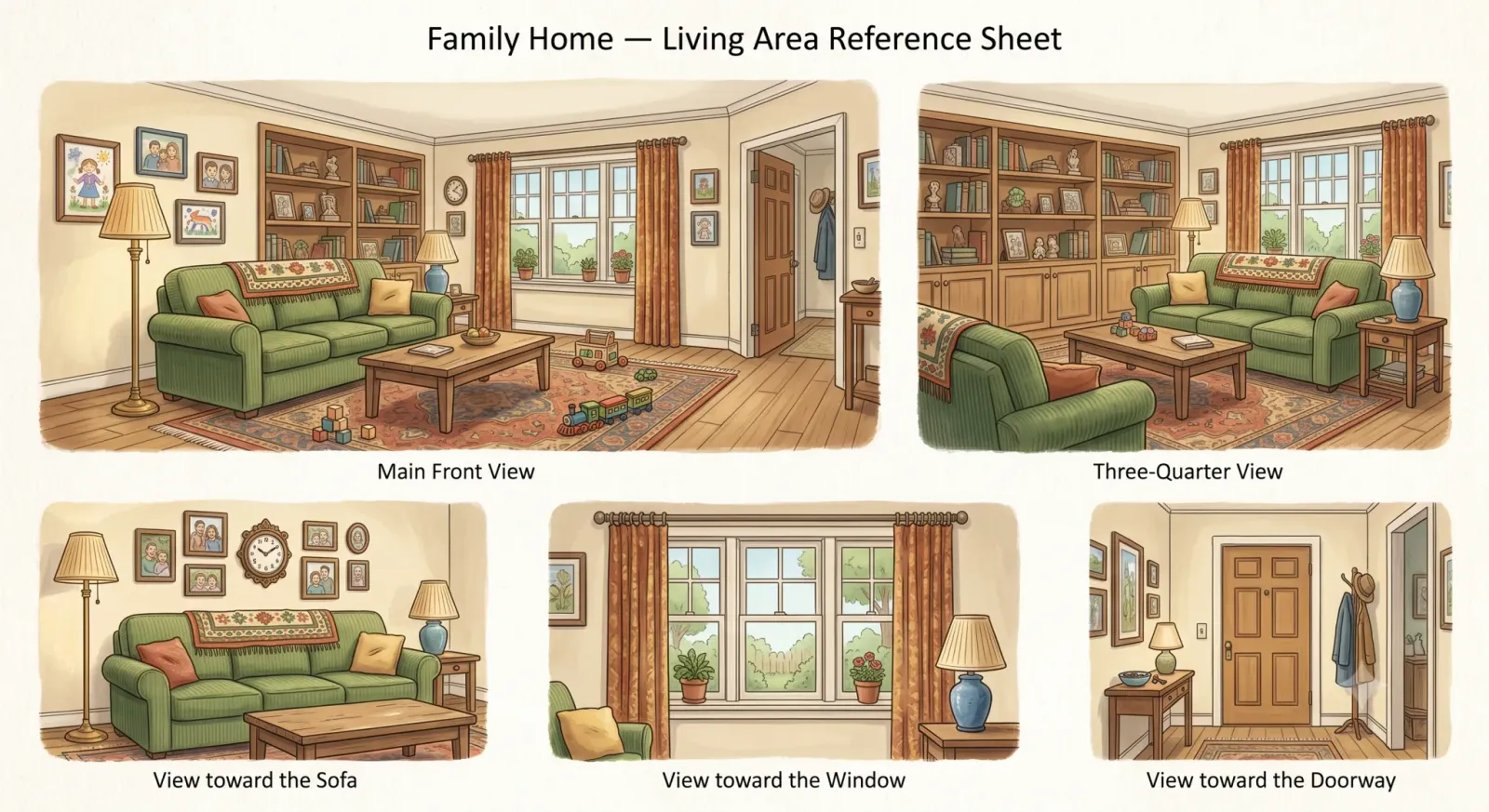 Environment reference sheet for a cosy family living room, a green sofa with a patterned throw, a wooden coffee table, built-in bookshelves, framed photos and a toy-strewn rug, drawn from the front, three-quarter, and toward the sofa, the window and the doorway.