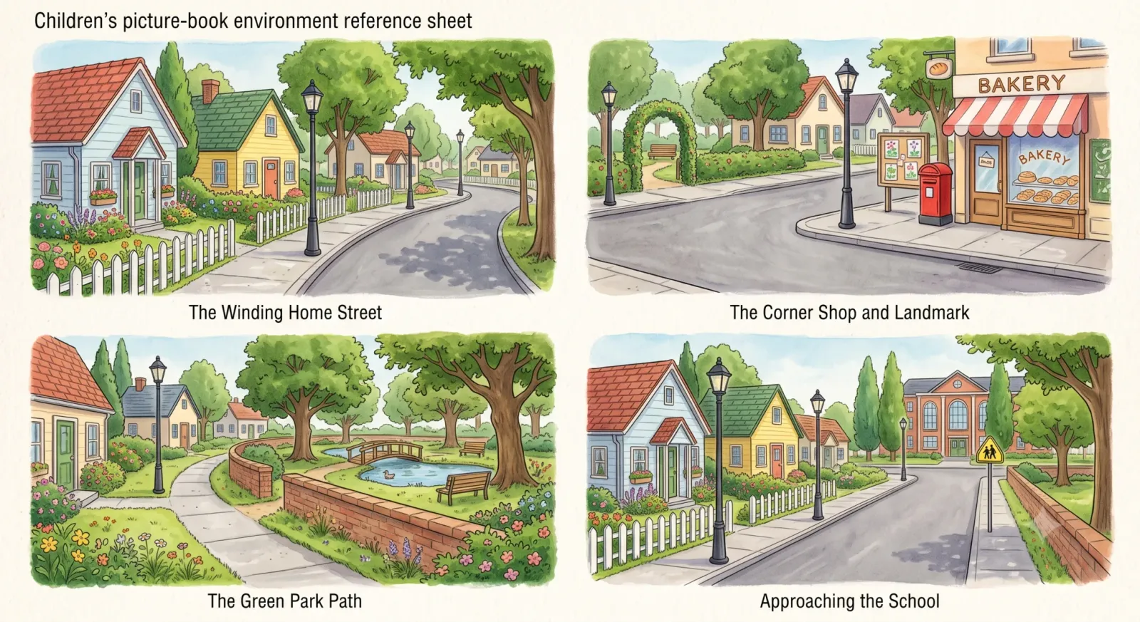 Environment reference sheet for a residential neighbourhood, a winding street of cottages with lamp-posts and trees, a corner bakery with a red postbox, a small park with a pond and footbridge, and a view approaching the school, drawn as four labelled scenes.