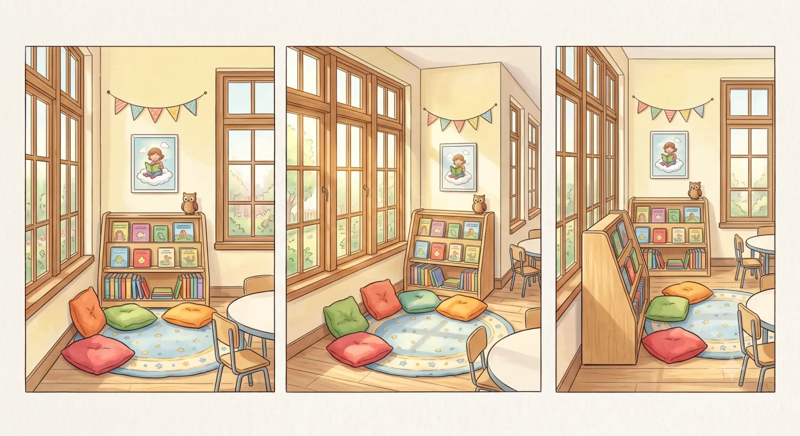 Environment reference sheet for a cosy reading nook with a low picture-book shelf, floor cushions and a star-patterned rug by tall windows, with an owl ornament and bunting, drawn from three angles.