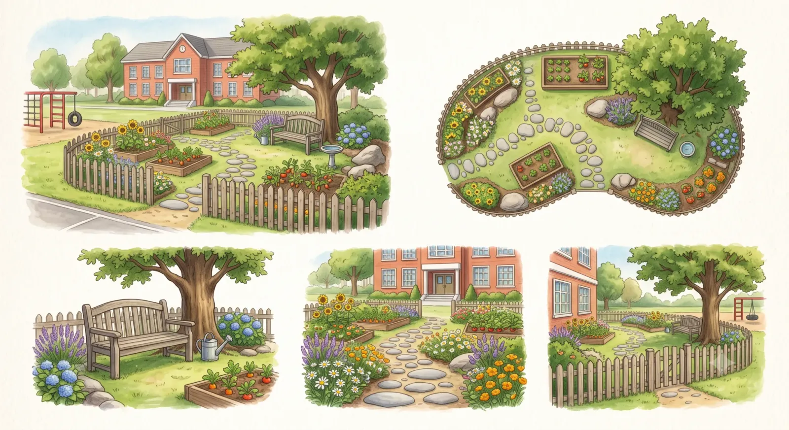 Environment reference sheet for a school garden with raised vegetable beds, sunflowers, a wooden bench under a large tree and a stepping-stone path, the school building behind, drawn from several angles plus a top-down plan view.