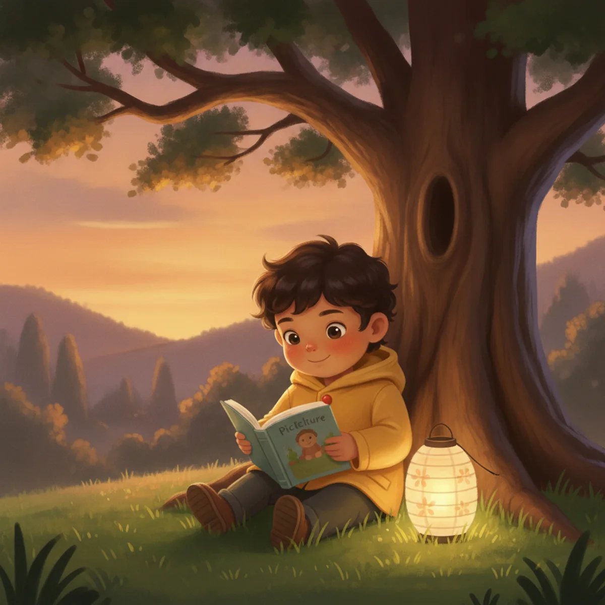 Ravi illustrated in the Soft anime storybook style — reading under a tree by a paper lantern