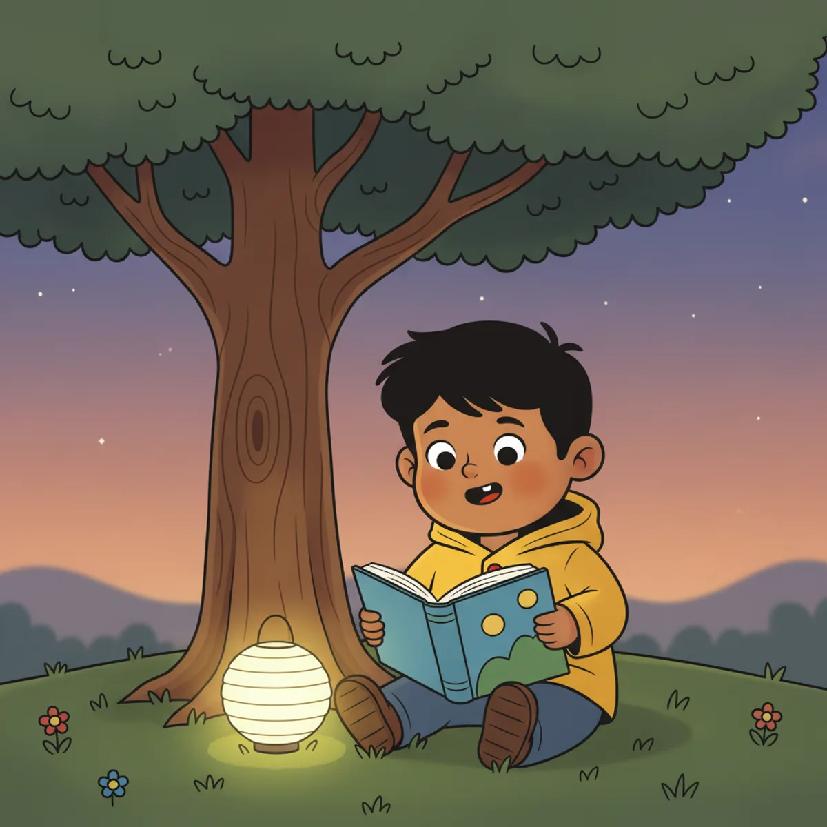 Ravi illustrated in the Bold cartoon style — reading under a tree by a paper lantern