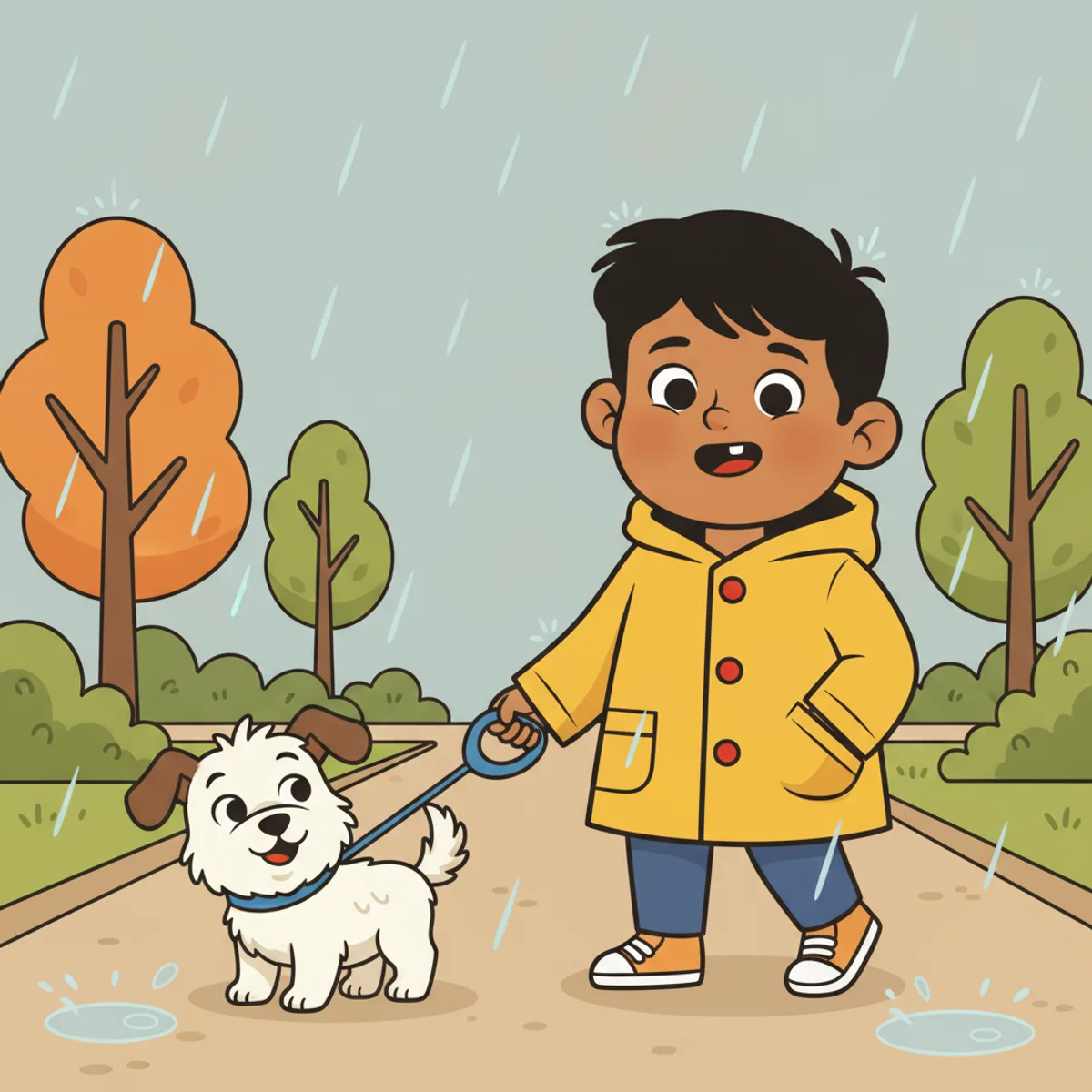 Ravi illustrated in the Bold cartoon style — walking a small dog in the rain
