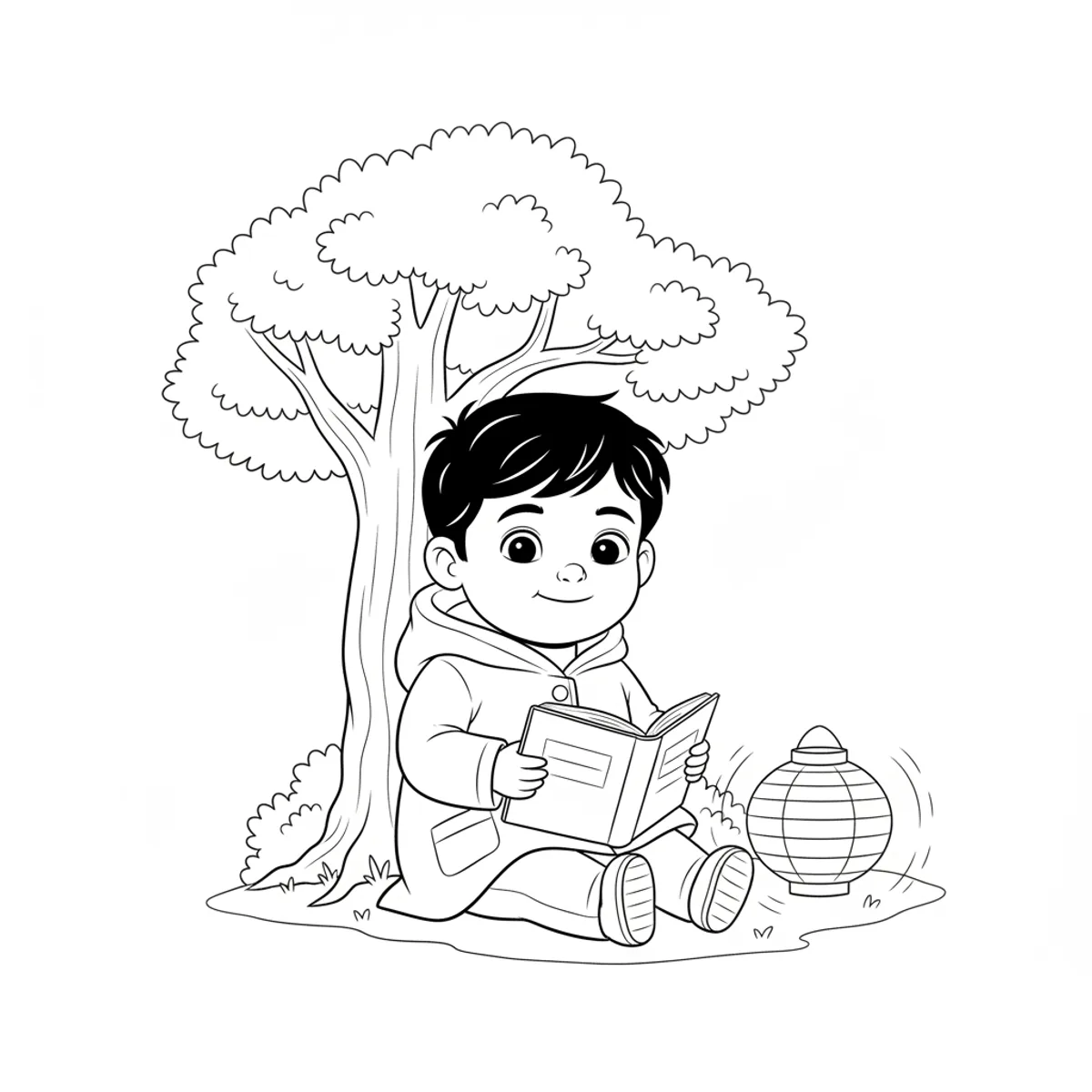 Ravi illustrated in the Black & white line art style — reading under a tree by a paper lantern