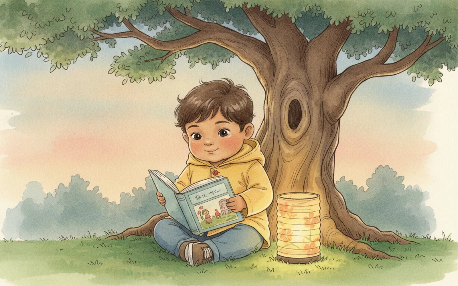 Ravi illustrated in the Classic ink & wash style — reading under a tree by a paper lantern