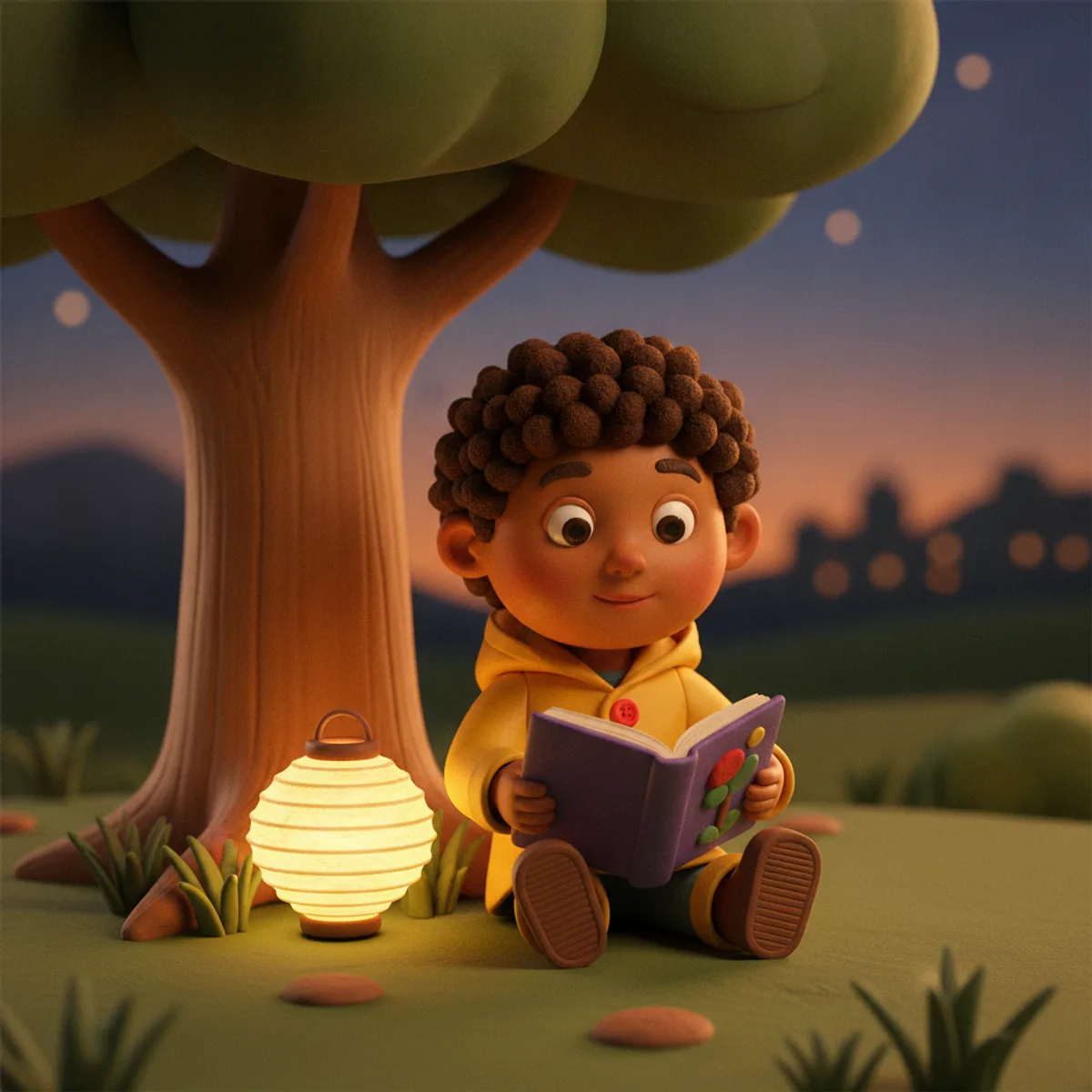 Ravi illustrated in the Claymation style — reading under a tree by a paper lantern