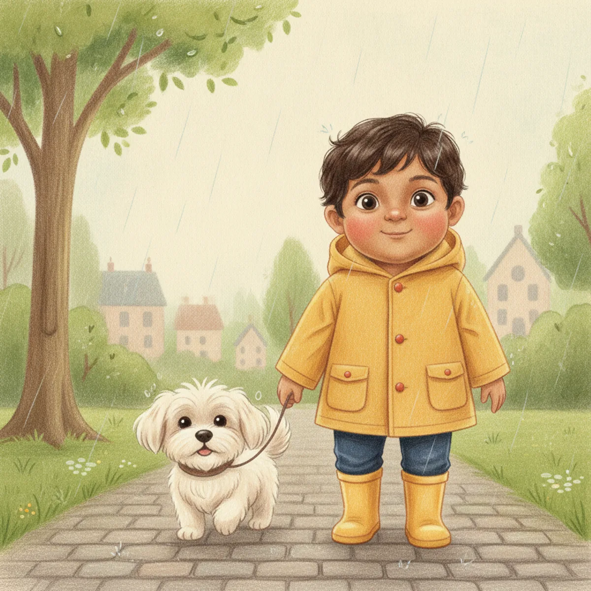 Ravi illustrated in the Coloured pencil style — walking a small dog in the rain