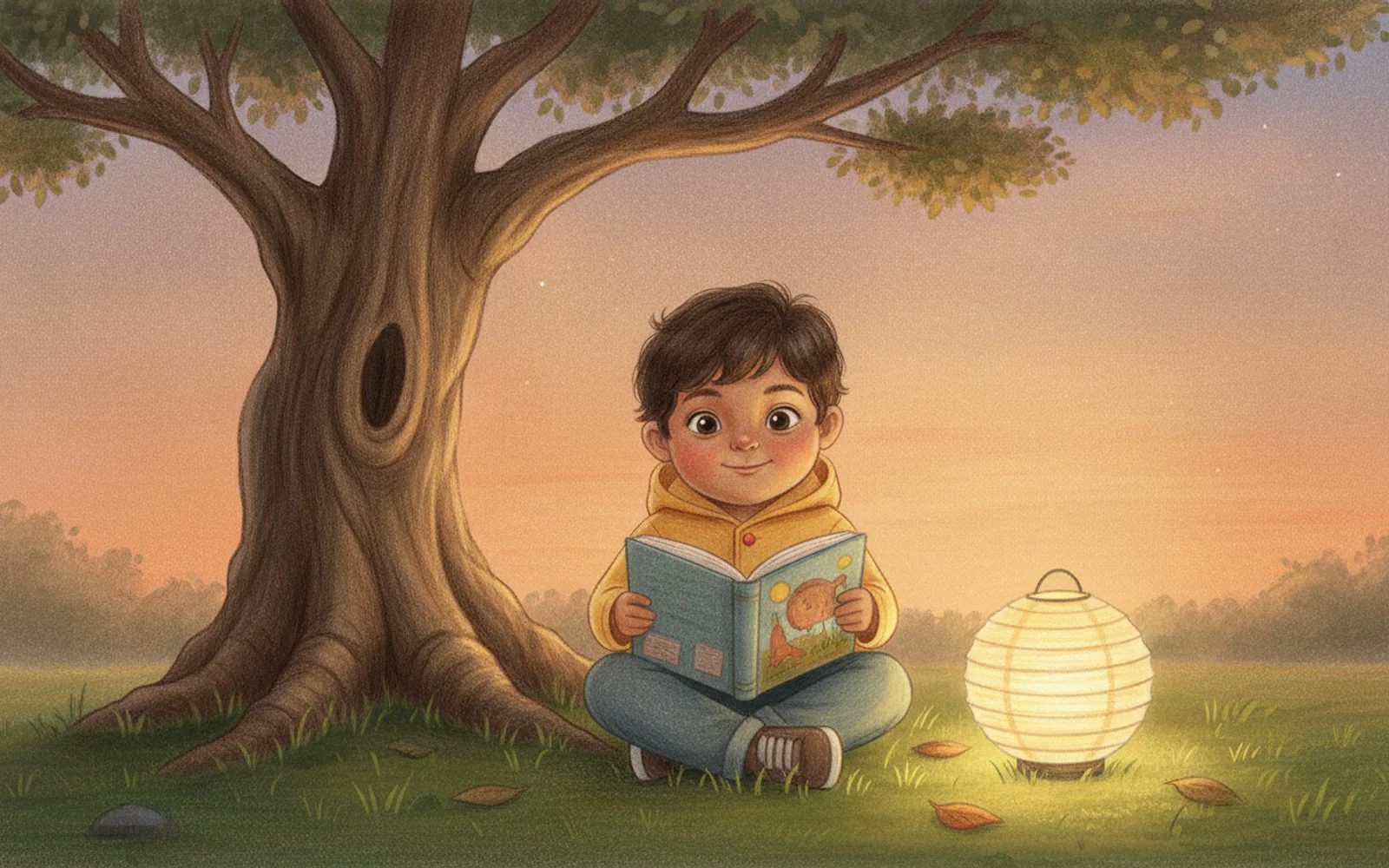 Ravi illustrated in the Coloured pencil style — reading under a tree by a paper lantern