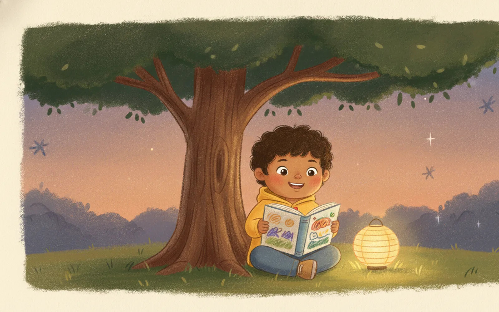 Ravi illustrated in the Crayon storybook style — reading under a tree by a paper lantern