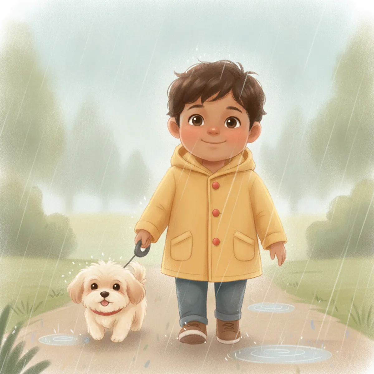 Ravi illustrated in the Dreamy pastel style — walking a small dog in the rain
