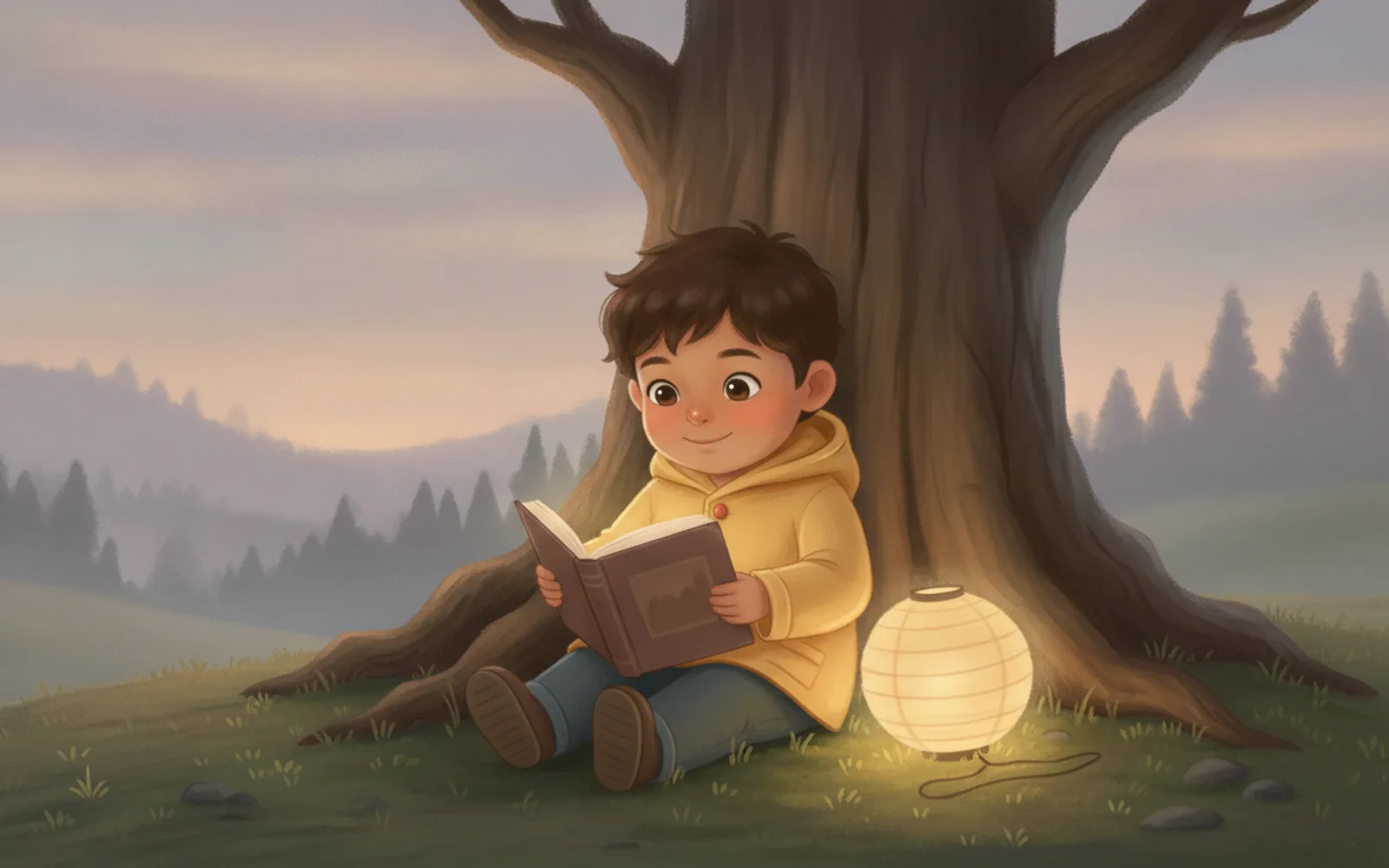 Ravi illustrated in the Dreamy pastel style — reading under a tree by a paper lantern