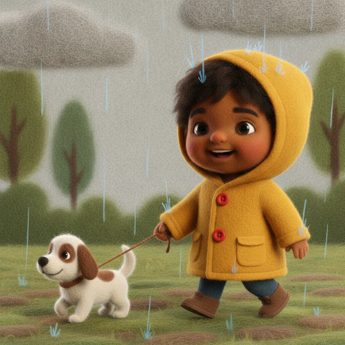 Ravi illustrated in the Felt & textile style — walking a small dog in the rain