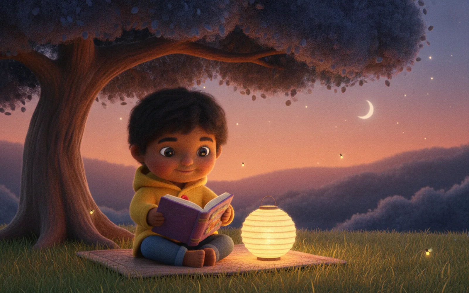 Ravi illustrated in the Felt & textile style — reading under a tree by a paper lantern