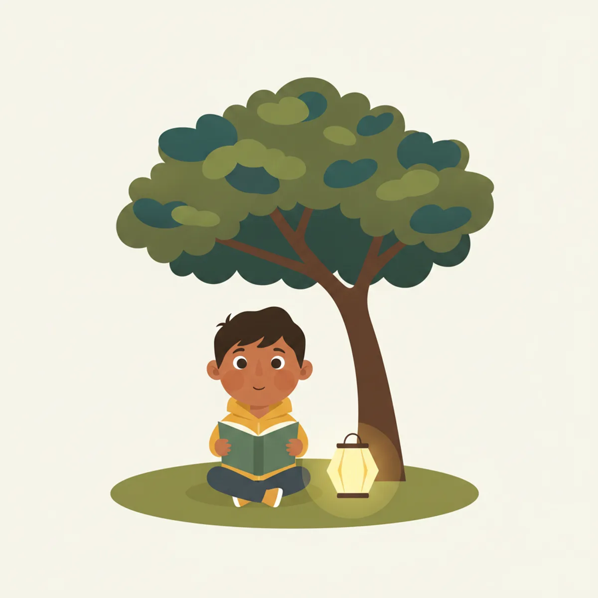 Ravi illustrated in the Minimalist flat style — reading under a tree by a paper lantern