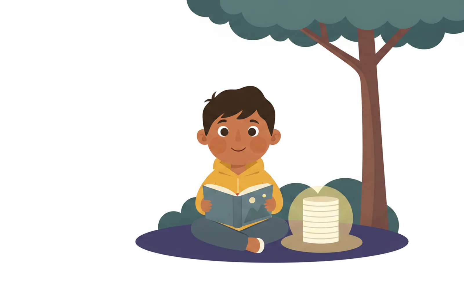 Ravi illustrated in the Minimalist flat style — reading under a tree by a paper lantern