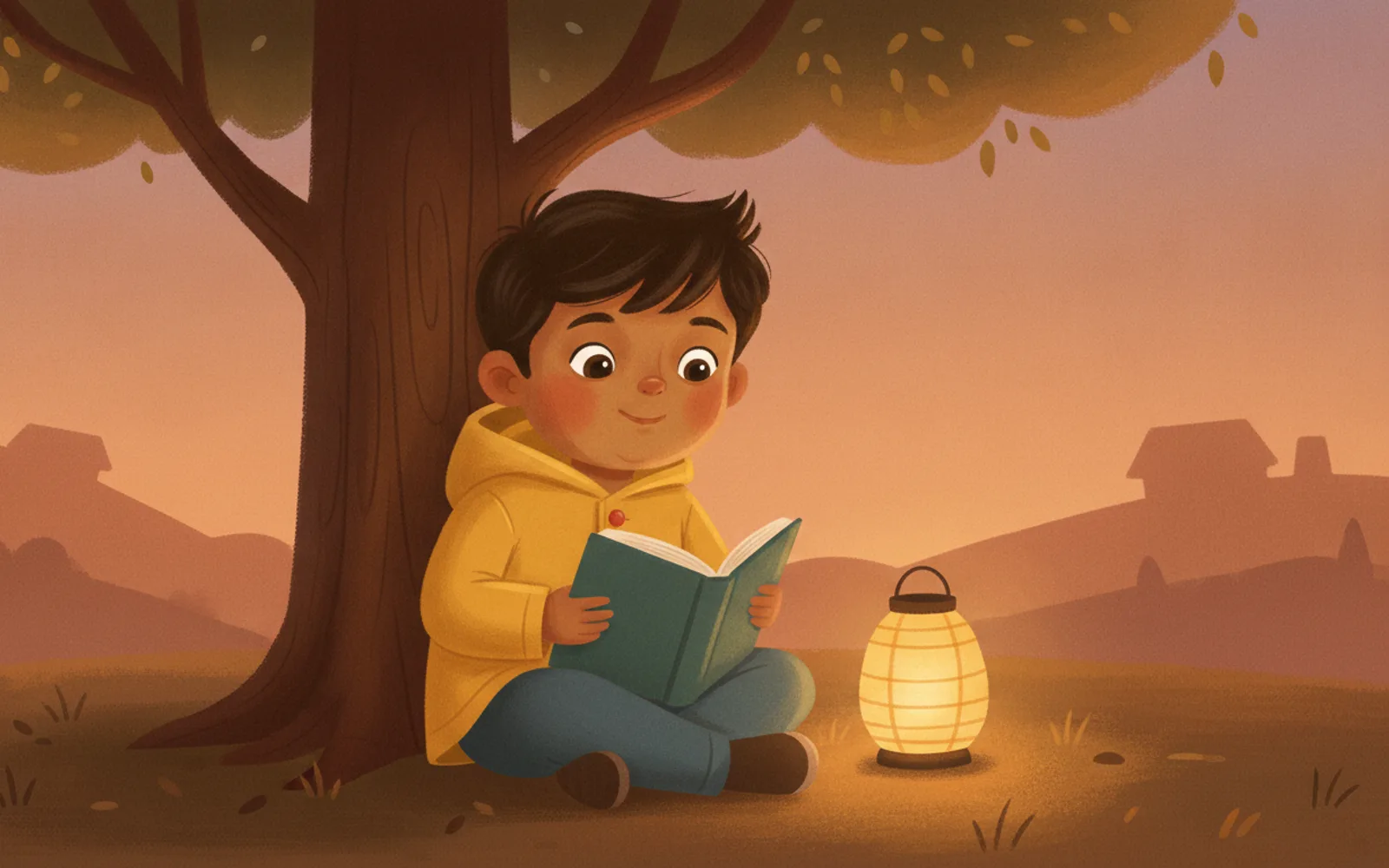 Ravi illustrated in the Gouache storybook style — reading under a tree by a paper lantern