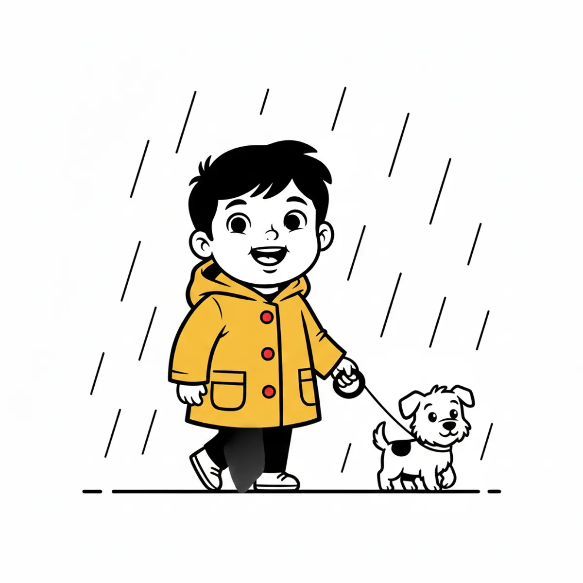 Ravi illustrated in the High-contrast baby style — walking a small dog in the rain