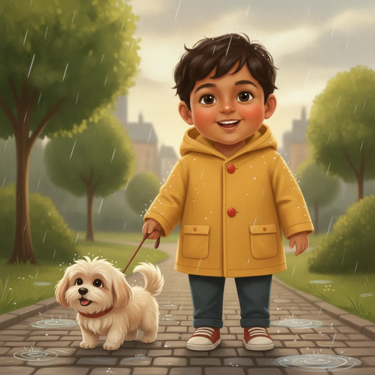 Ravi illustrated in the Illustrated realism style — walking a small dog in the rain