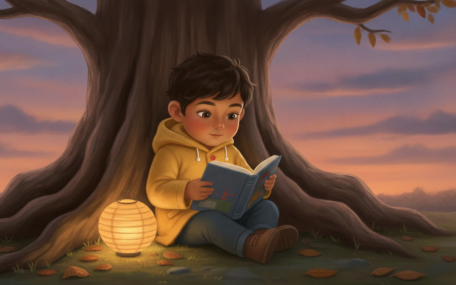 Ravi illustrated in the Illustrated realism style — reading under a tree by a paper lantern