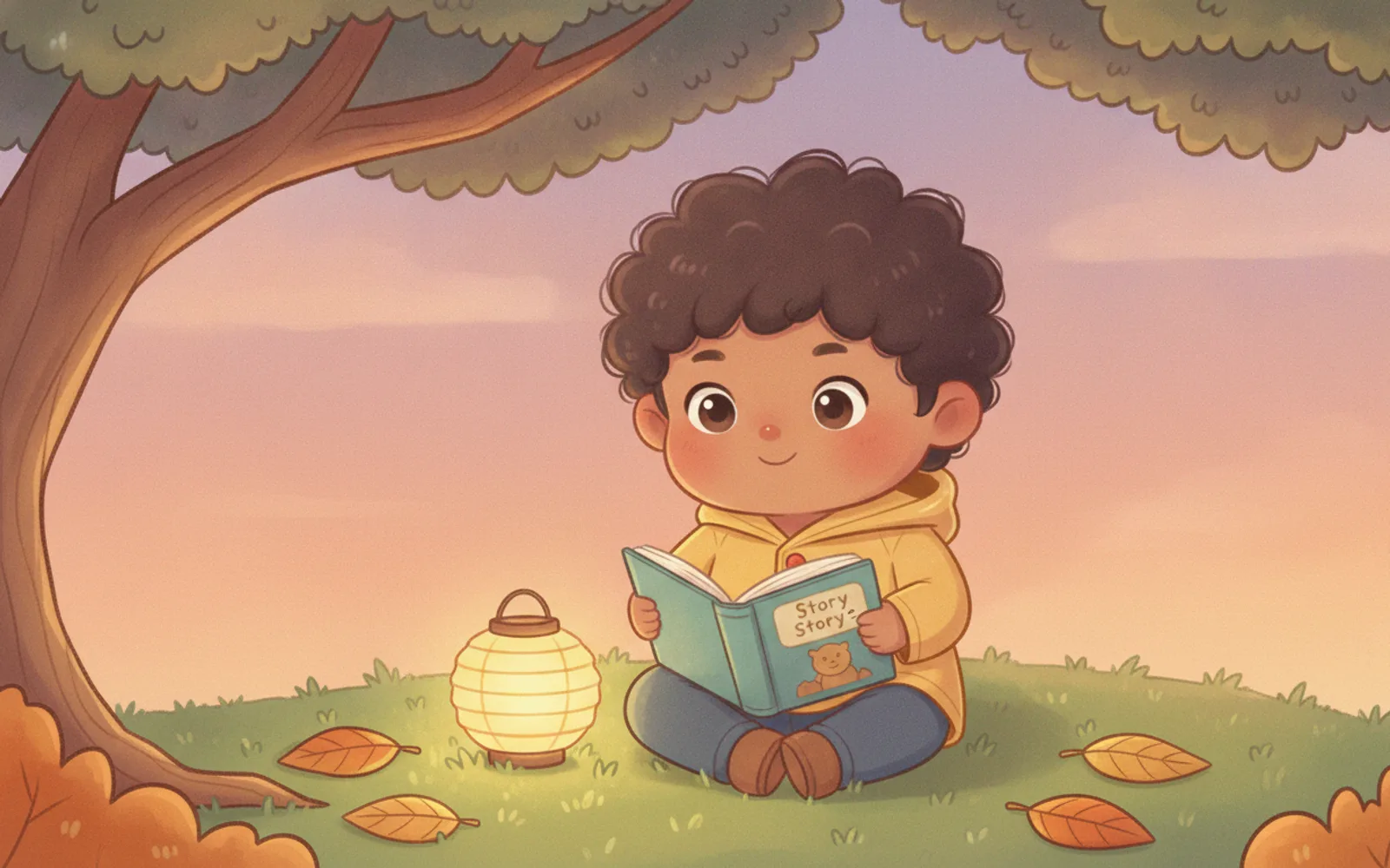 Ravi illustrated in the Kawaii chibi style — reading under a tree by a paper lantern