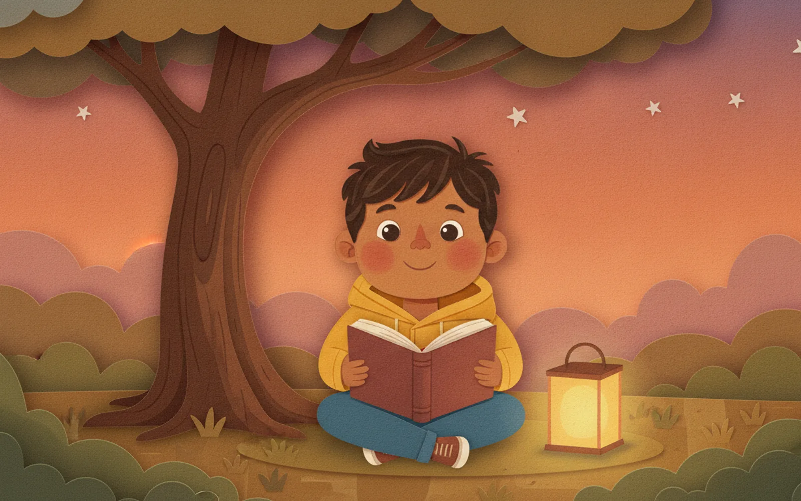 Ravi illustrated in the Paper collage style — reading under a tree by a paper lantern
