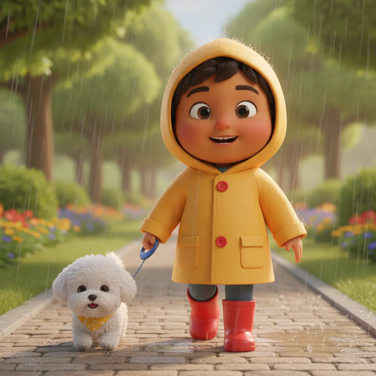 Ravi illustrated in the 3D Pixar-style style — walking a small dog in the rain