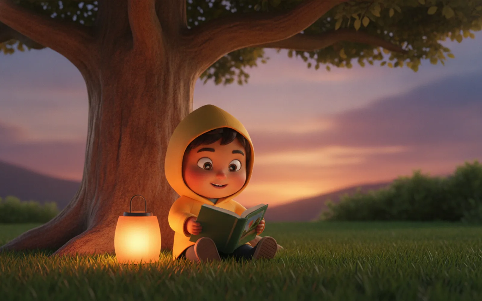 Ravi illustrated in the 3D Pixar-style style — reading under a tree by a paper lantern