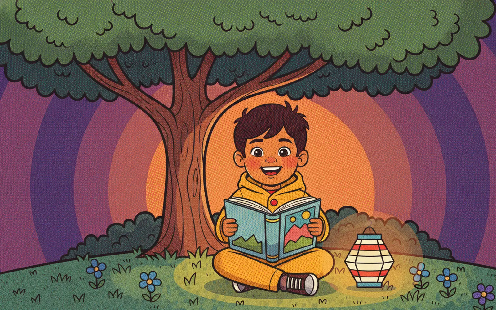 Ravi illustrated in the Pop art style — reading under a tree by a paper lantern