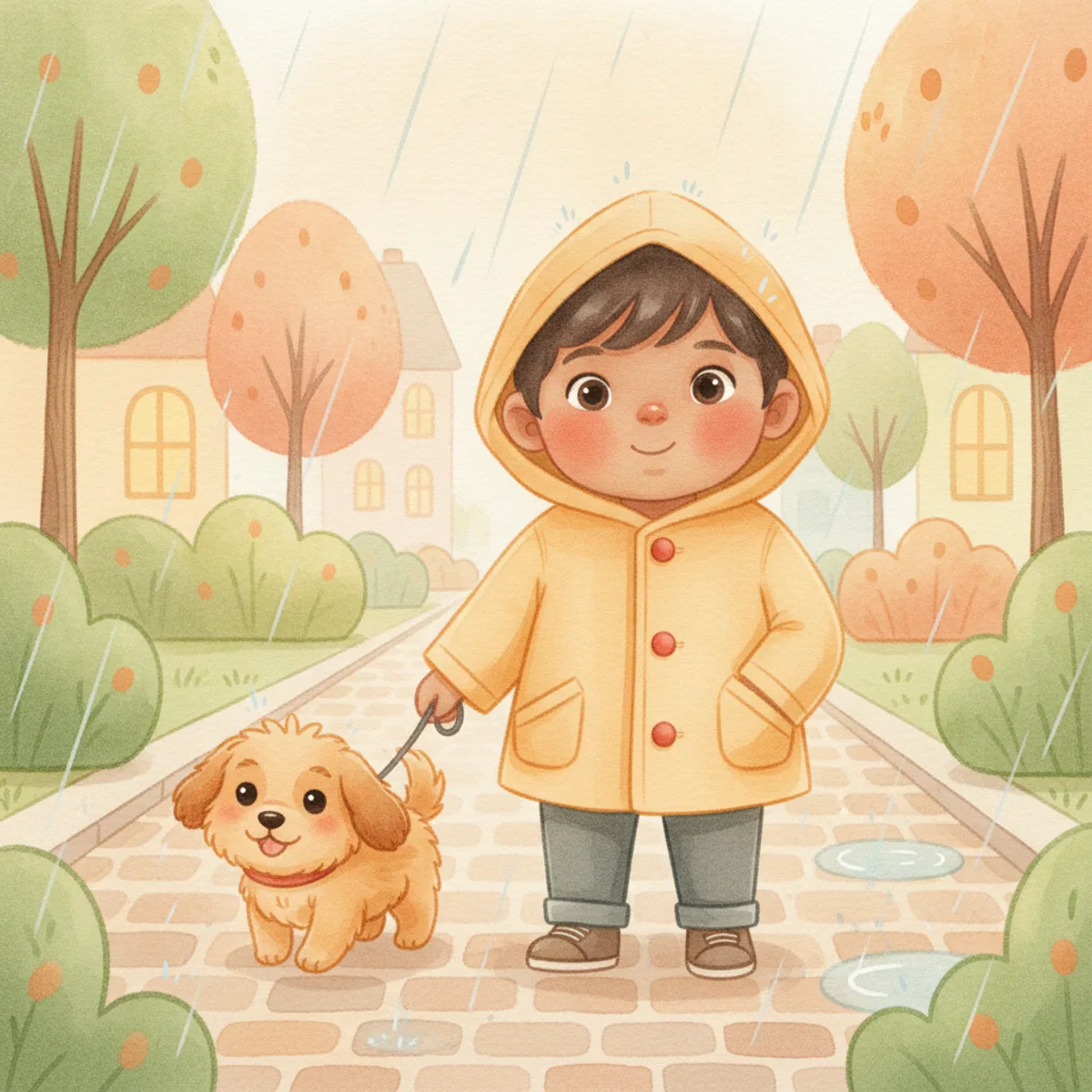 Ravi illustrated in the Soft watercolour style — walking a small dog in the rain
