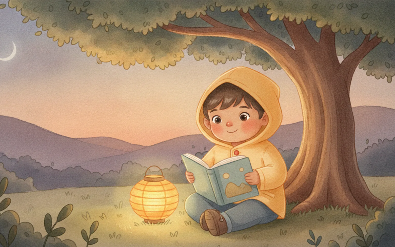 Ravi illustrated in the Soft watercolour style — reading under a tree by a paper lantern